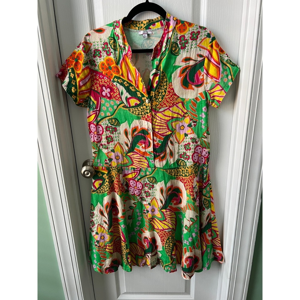 Kaktus Womens Dress 100% Linen Brightly Colored Floral Short Sleeve Size M